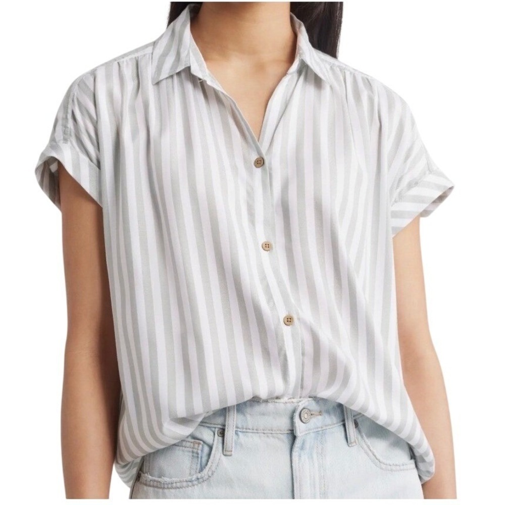 Beachlunchlounge Womens Coastal Green White Striped Boxy Button Up‎ Shirt M